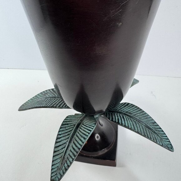 Tall Dark Finish Brass Fluted Vase w/ Brass Green Leaves 12.5" tall - Picture 5 of 10